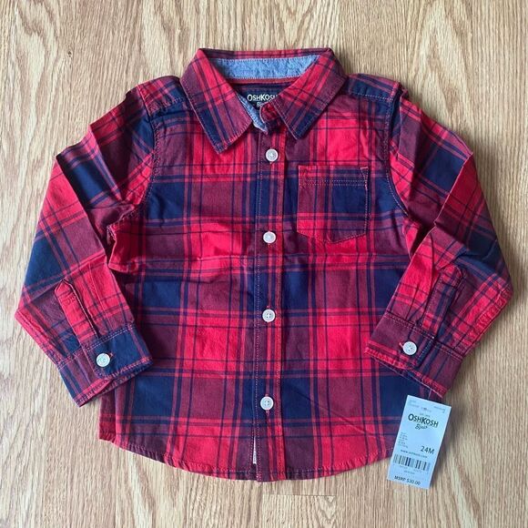 OshKosh B'gosh Plaid Button Up Shirt Red Navy 24 Months - Picture 1 of 13